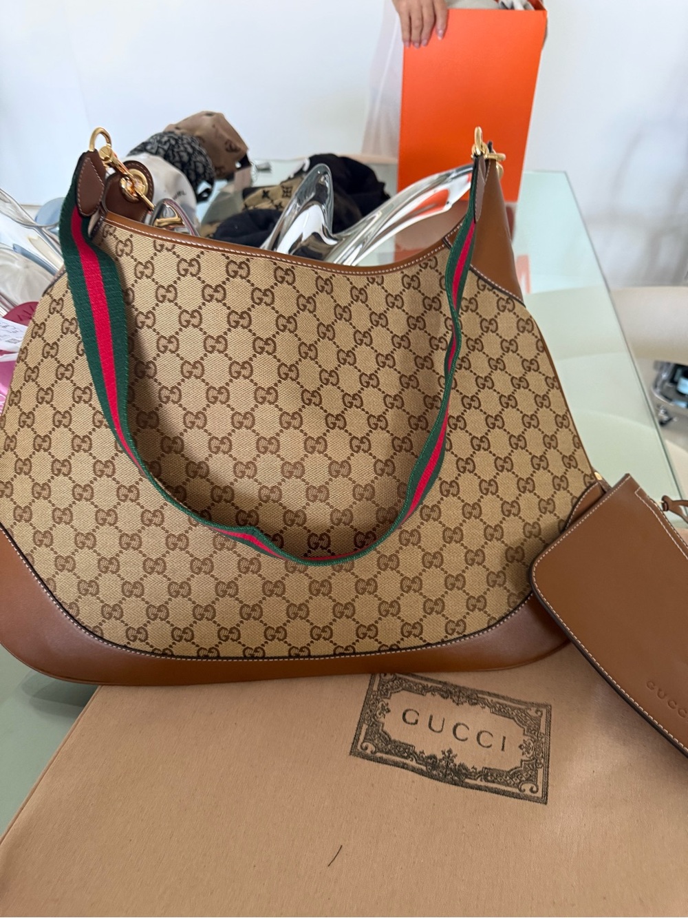 Gucci Tan GG Canvas Hobo with Green-Red Web Strap